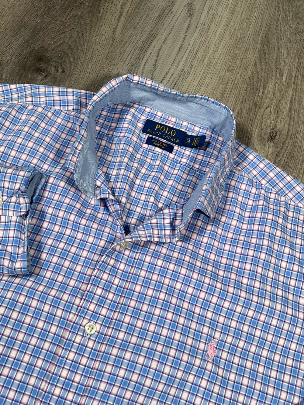 Polo Ralph Lauren Long Sleeve Button Down Cotton Stretch Mens XL Pink Blue Plaid